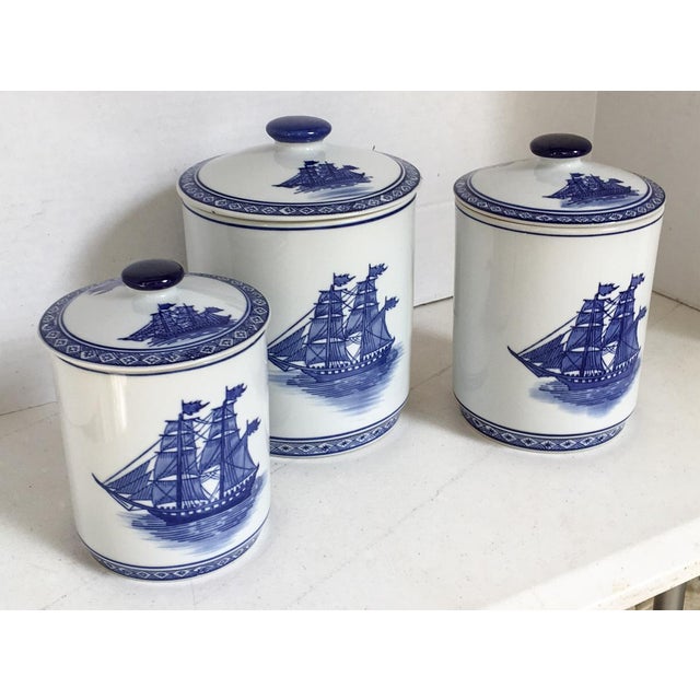 Blue & White Nautical Clipper Ship Canisters, Set of 3 Chairish