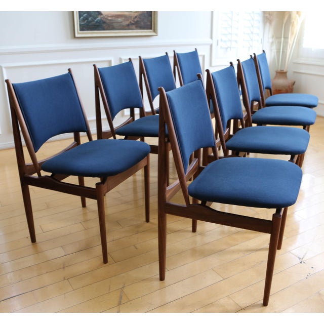 Mid Century Modern Teak Dining Chairs in Navy Blue - Set of 8 | Chairish