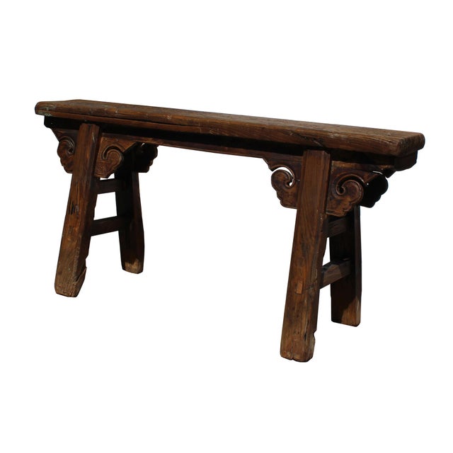 Vintage Chinese Slim Carving Apron Wood Seating Bench 