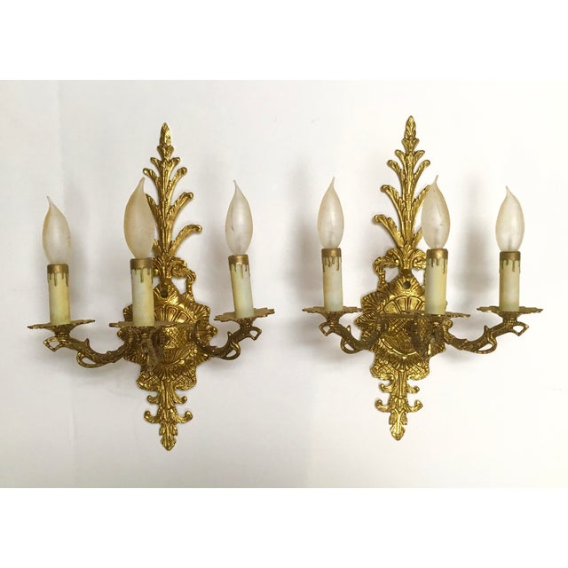 Pair of Vintage Ornate Brass Three Candle Wall Sconces Chairish