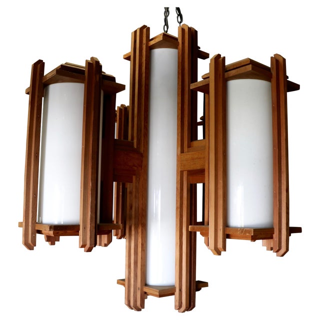Frank Lloyd Wright Style Wooden Chandelier | Chairish