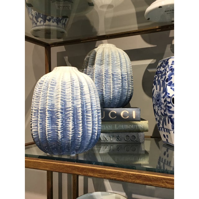 Ribbed Blue Ceramic Vases A Pair Chairish