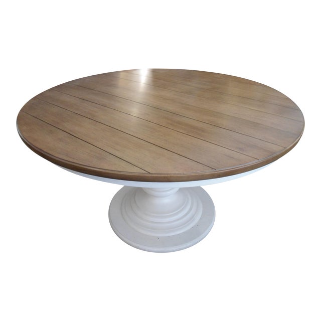 Wood Top & White Pedestal Base Round Kitchen Table | Chairish