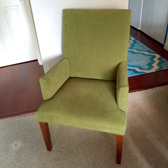 Crate & Barrel Green Linen Highback Arm Chair Chairish