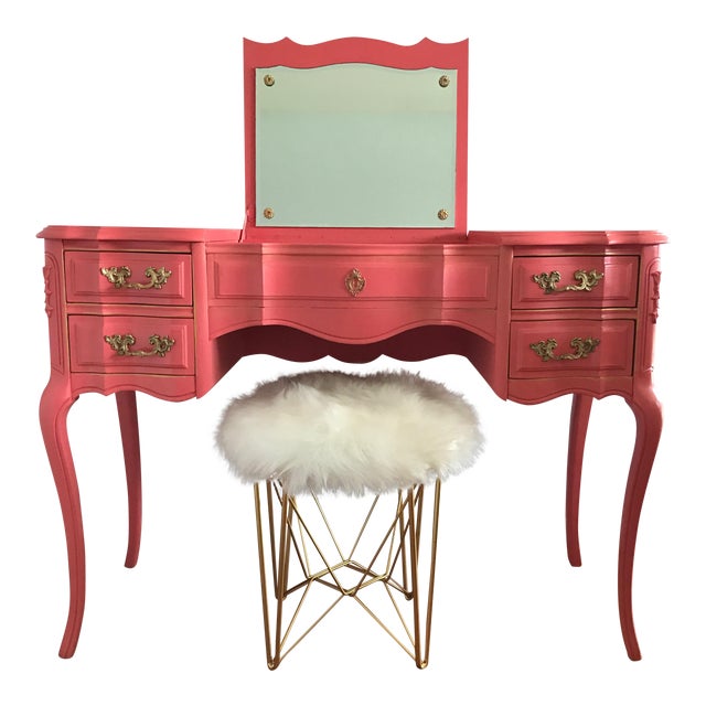 French Provincial Vanity Set With Faux Fur Stool Chairish