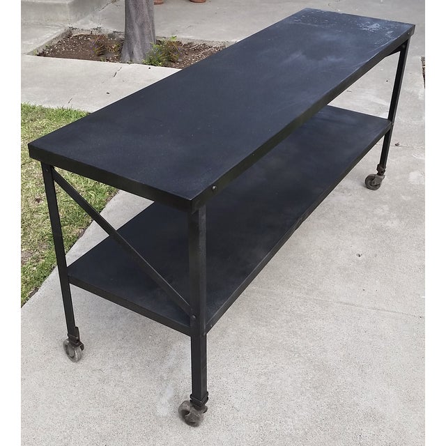 Industrial Metal Console Table on Casters | Chairish
