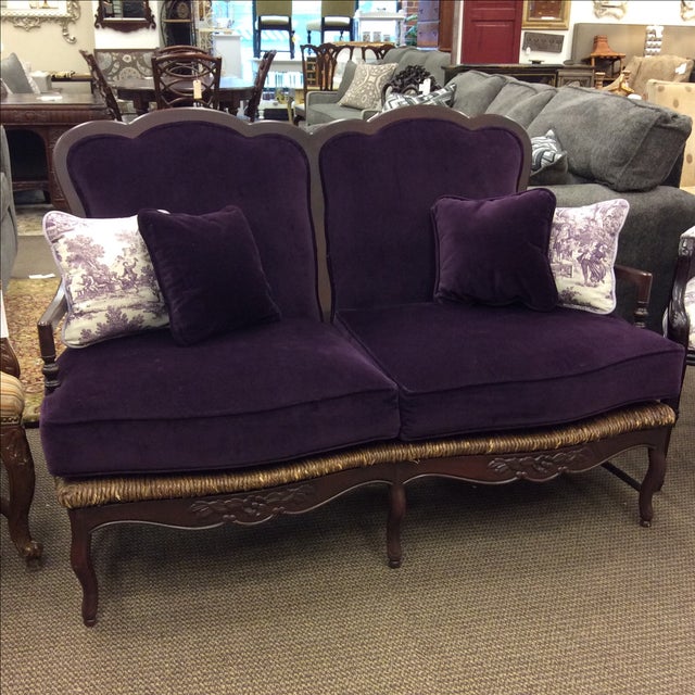 French Purple Velvet Bench with Rush Seating Chairish