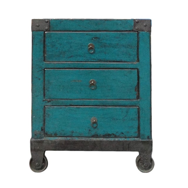 Chinese Rustic Blue Nightstand on Wheels Chairish