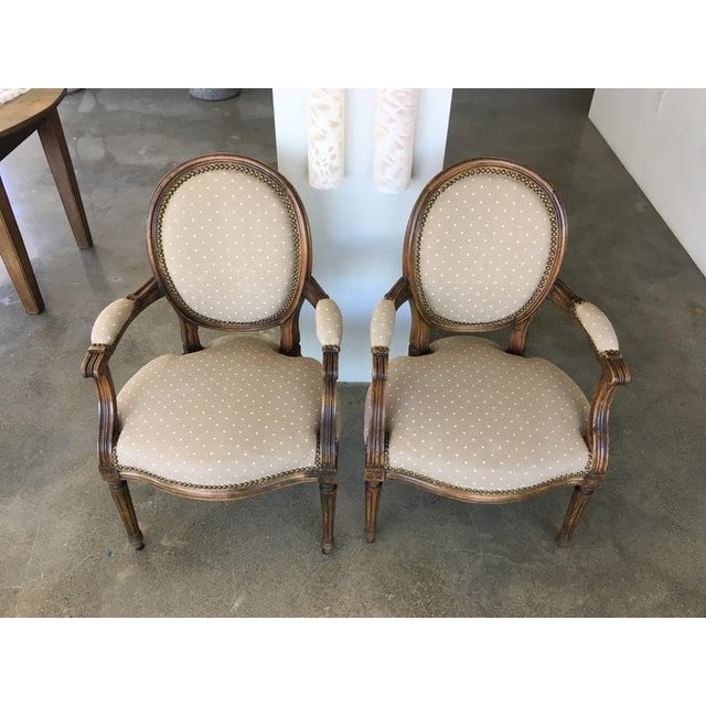 French Provincial Style Carved & Upholstered Wood Armchairs A Pair