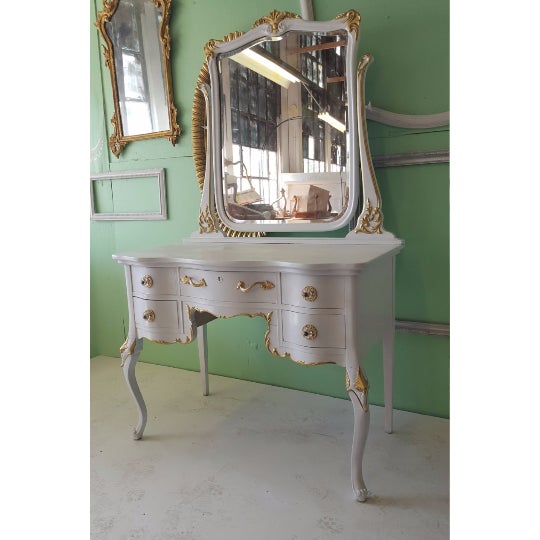 Antique White Makeup Vanity With Mirror & Chair Chairish