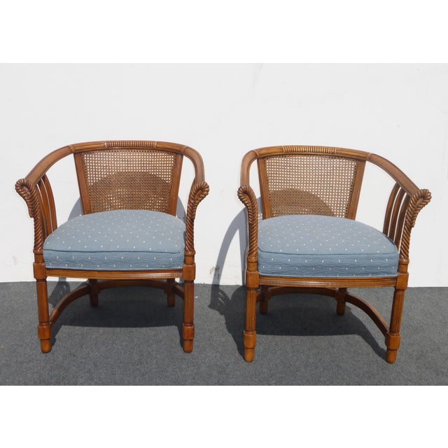 Mid Century Wood Cane Back Arm Chairs - Pair | Chairish