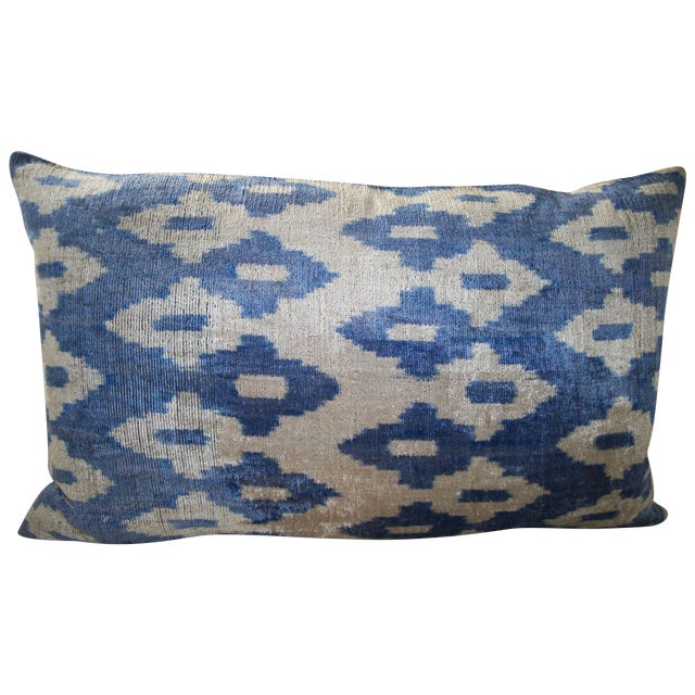 Mineral Blue and Cream Silk Velvet Ikat Pillow Chairish