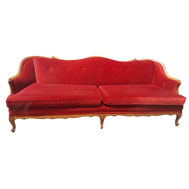 Vintage French Provincial Red Velvet Sofa | Chairish