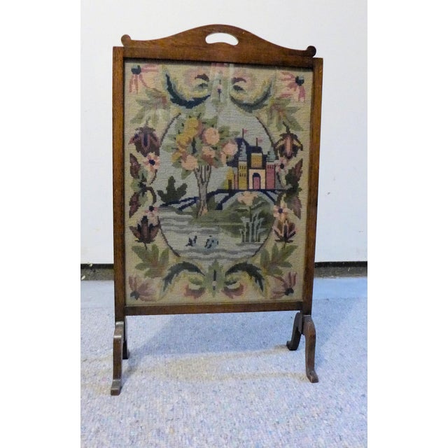 Antique Wooden Fireplace Screen With Needlepoint Scenery Chairish