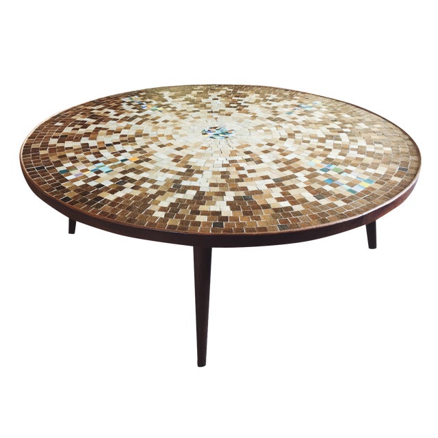 MidCentury Round Wood & Mosaic Tile Coffee Table Chairish