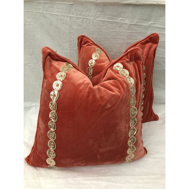 Contemporary Burnt Orange Velvet Pillows - A Pair | Chairish