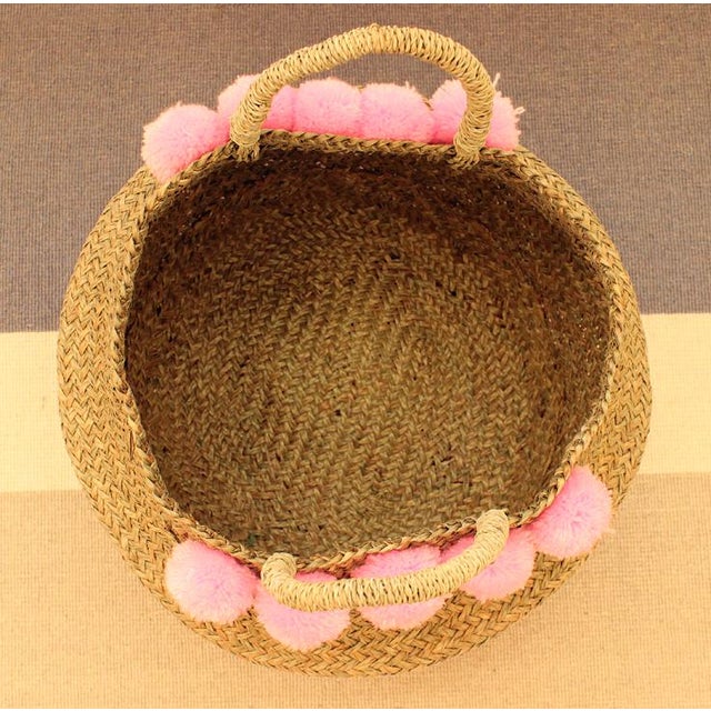 Double Woven Sea Grass Pastel Pink Pom Poms Belly Basket Chairish