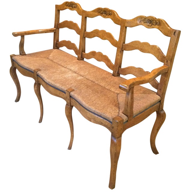 French Country Wood & Rush Seat Bench Chairish