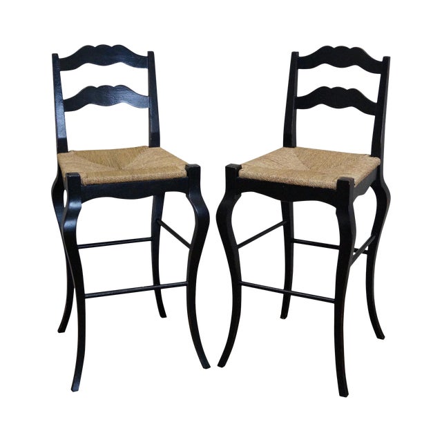 French Country Black Painted Rush Seat Bar Stools - A Pair ...