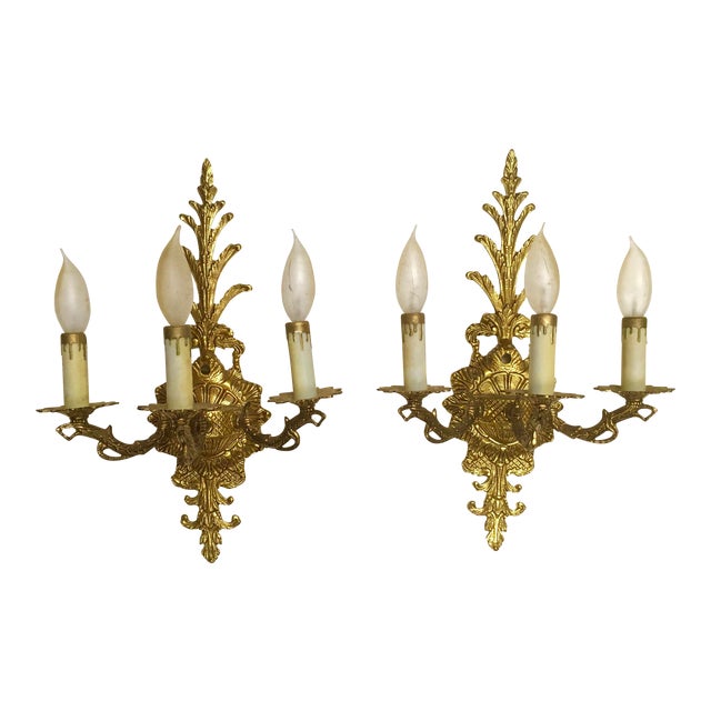 Pair of Vintage Ornate Brass Three Candle Wall Sconces Chairish