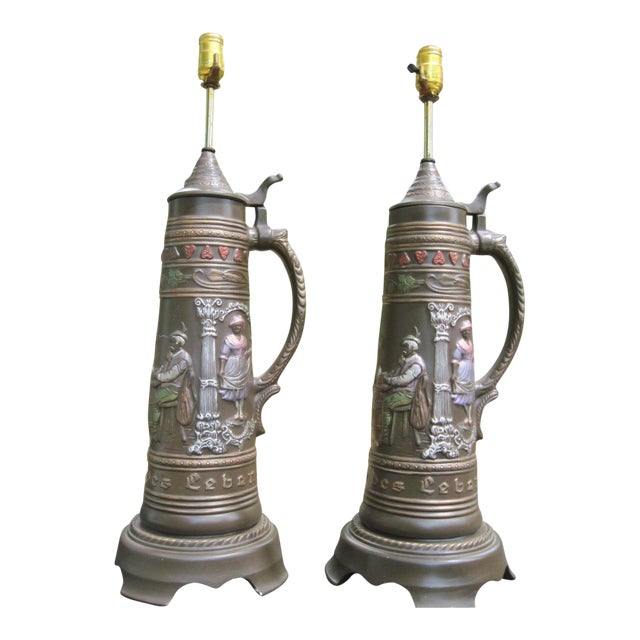 German Brown Ceramic Beer Stein Table Lamps A Pair Chairish