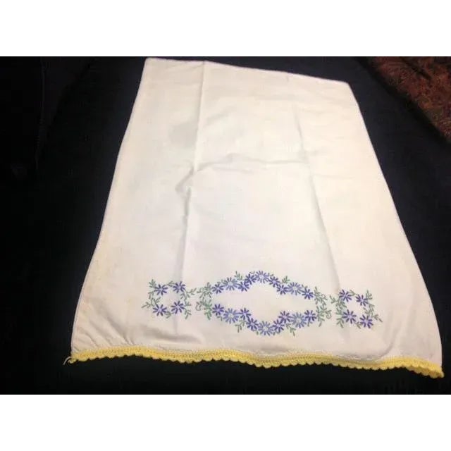 Vintage White Pillowcases With Embroidery and Crocheted Border A Pair