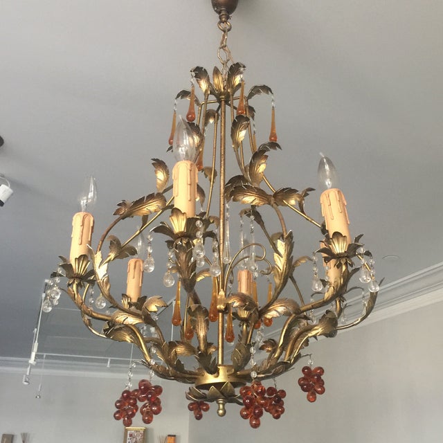 Gold Brushed Chandelier with Amber Grapes | Chairish