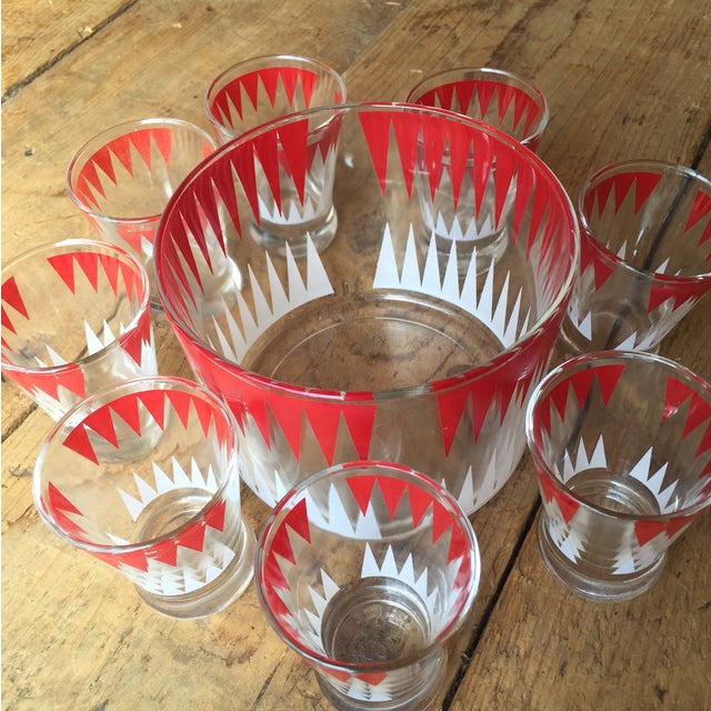 Vintage Red and White Ice Bucket With 8 Glasses Chairish