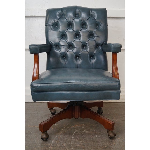 Vintage Blue Tufted Leather Executive Desk Chair | Chairish