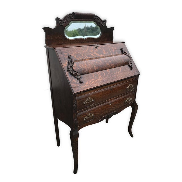 Antique Victorian Tiger Oak Mirrored Drop Front Secretary Writing Desk