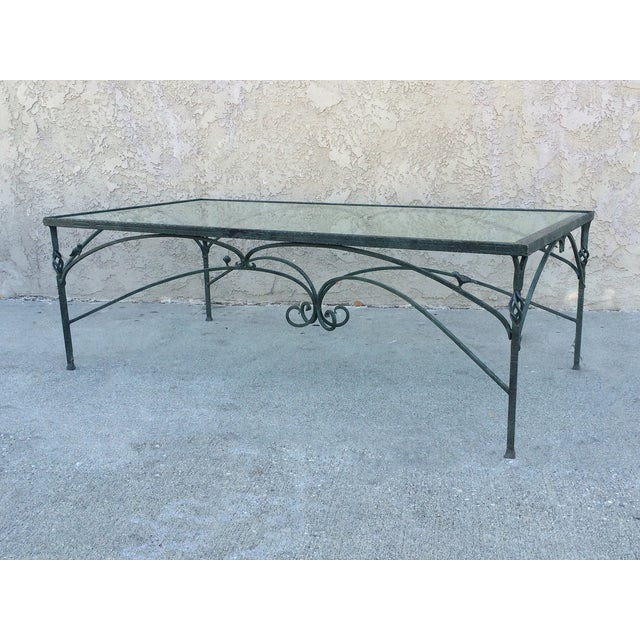 Verdigris Wrought Iron & Glass Top Coffee Table | Chairish