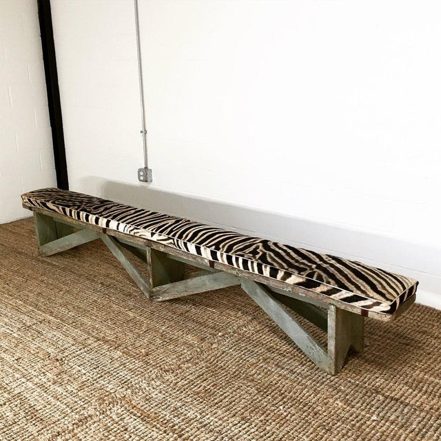 Extra Long Farmhouse Bench & Custom Zebra Hide Cushion Chairish