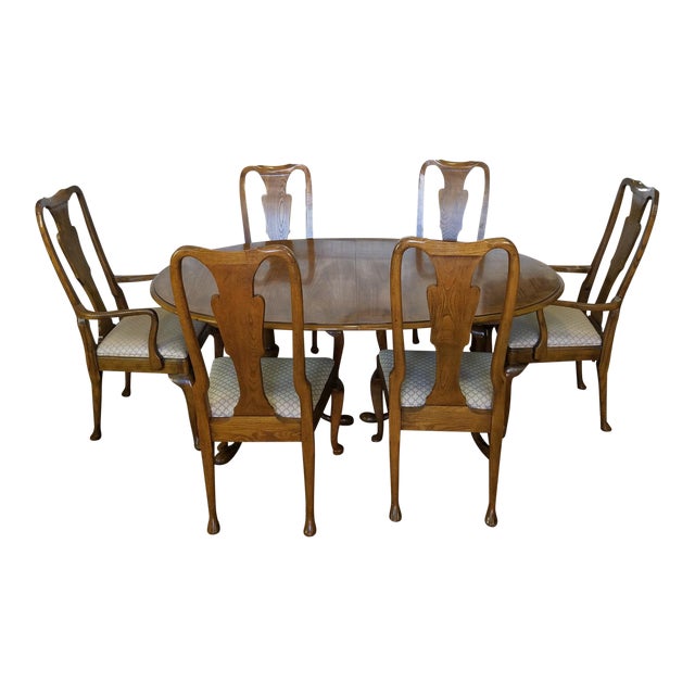 Baker Furniture Banded Oak Queen Anne Dining Set 1980s Chairish