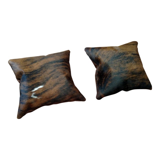 Modern Brindle Cowhide & Brown Leather Pillows - A Pair Chairish