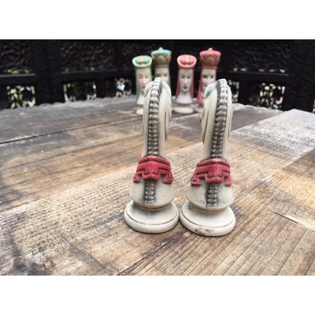 Vintage Hand-Painted Ceramic Duncan Mold Chess Set | Chairish Good, only two chips at the white king;