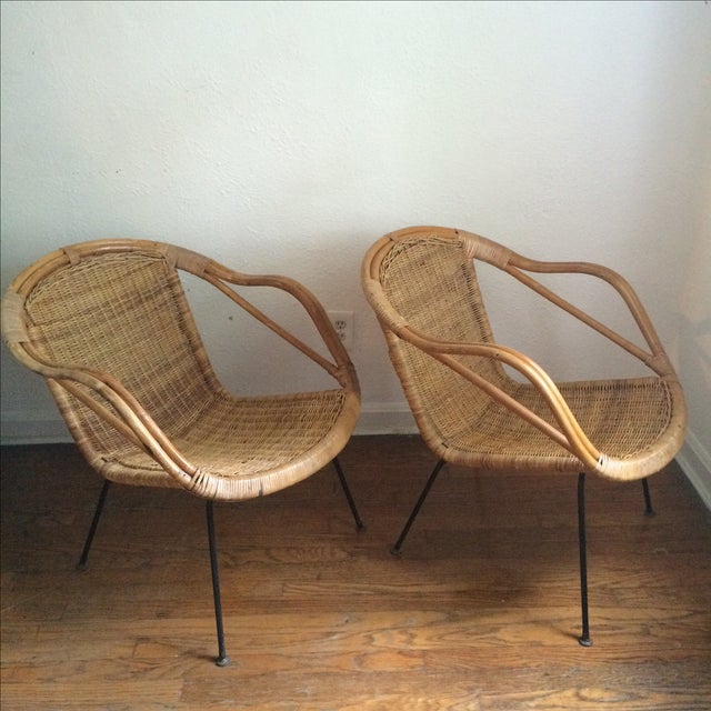 Mid Century Modern Rattan & Iron Chairs with Table