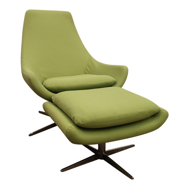 Mid-Century Danish Modern Lime Green Swivel Lounge Chair & Ottoman