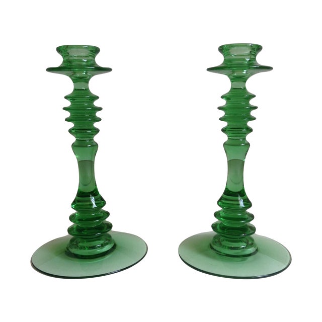 Green Depression Glass Candle Holders A Pair Chairish