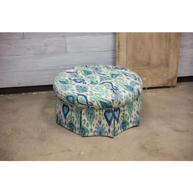 Blue and Green Damask Round Tufted Ottoman Chairish