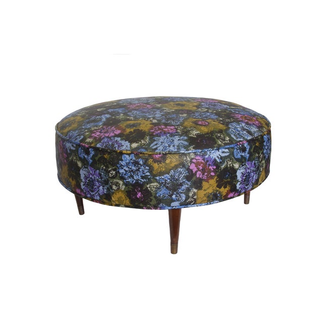 Round Floral Print Mid-Century Ottoman | Chairish
