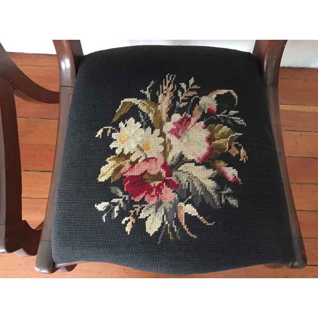Victorian Sculpted Floral Crest & Needlepoint Seat Salon Chairs Set