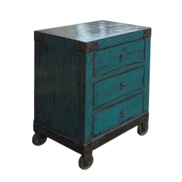 Chinese Rustic Blue Nightstand on Wheels Chairish