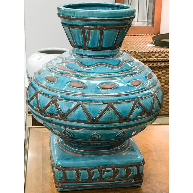 Large Turquoise Incised Pottery Vase Chairish