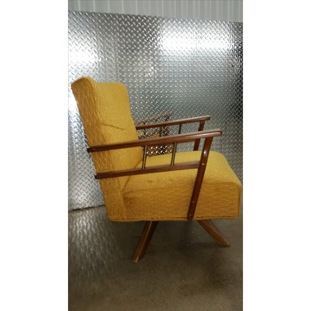 MCM Gold Chenille and Wood Swivel Lounge Chair Chairish