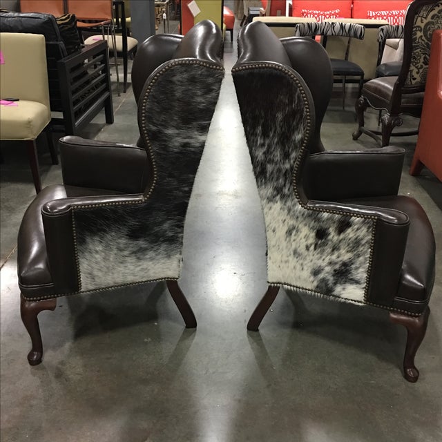 Leather & Cowhide Wingback Chairs A Pair Chairish