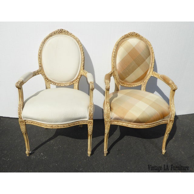 Vintage French Provincial Style Carved Wood White & Plaid Accent Chairs