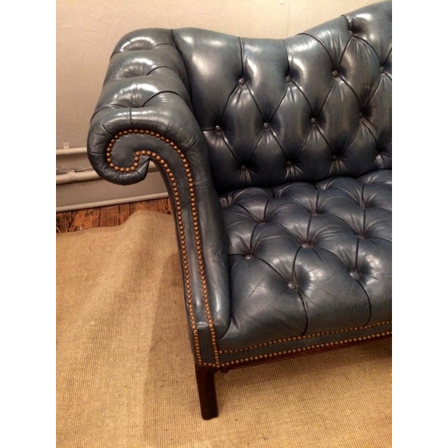 Blue-Gray Tufted Leather Chesterfield Sofa | Chairish
