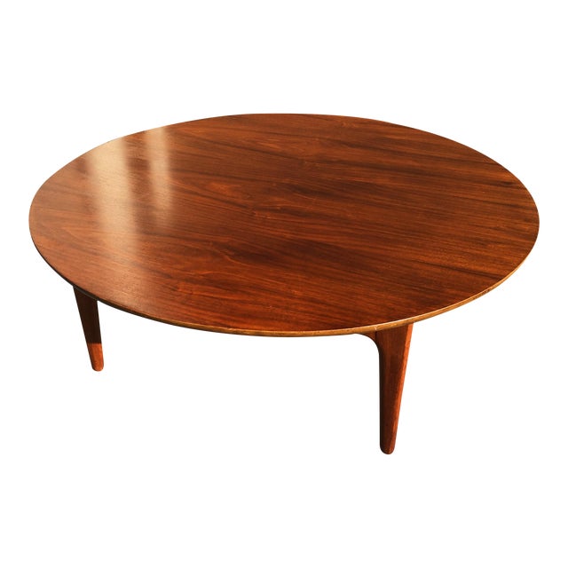 Danish Modern Round Walnut Coffee Table | Chairish Made of solid european oak and sturdy steel, this hardy piece maintains a slim silhouette and complements many different motifs.