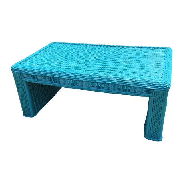 Caribbean Blue Indoor-Outdoor Wicker Coffee Table | Chairish