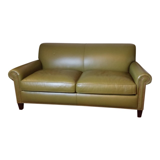 Olive Green Leather Sofa by Hancock & Moore | Chairish